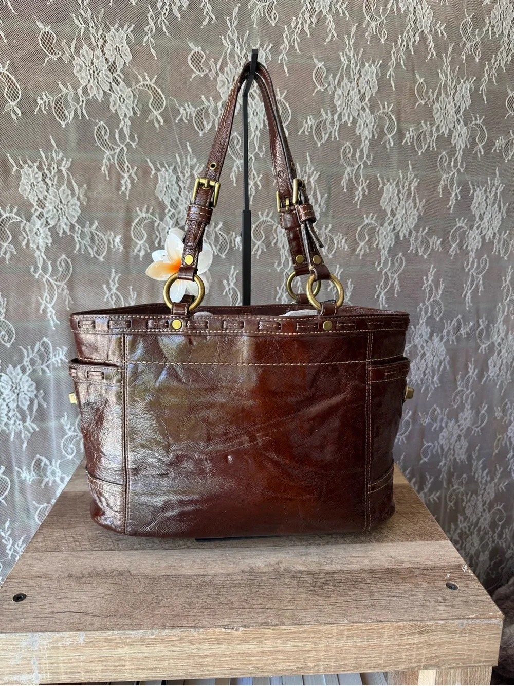Coach Brown Leather Shoulder Tote with Floral Charm